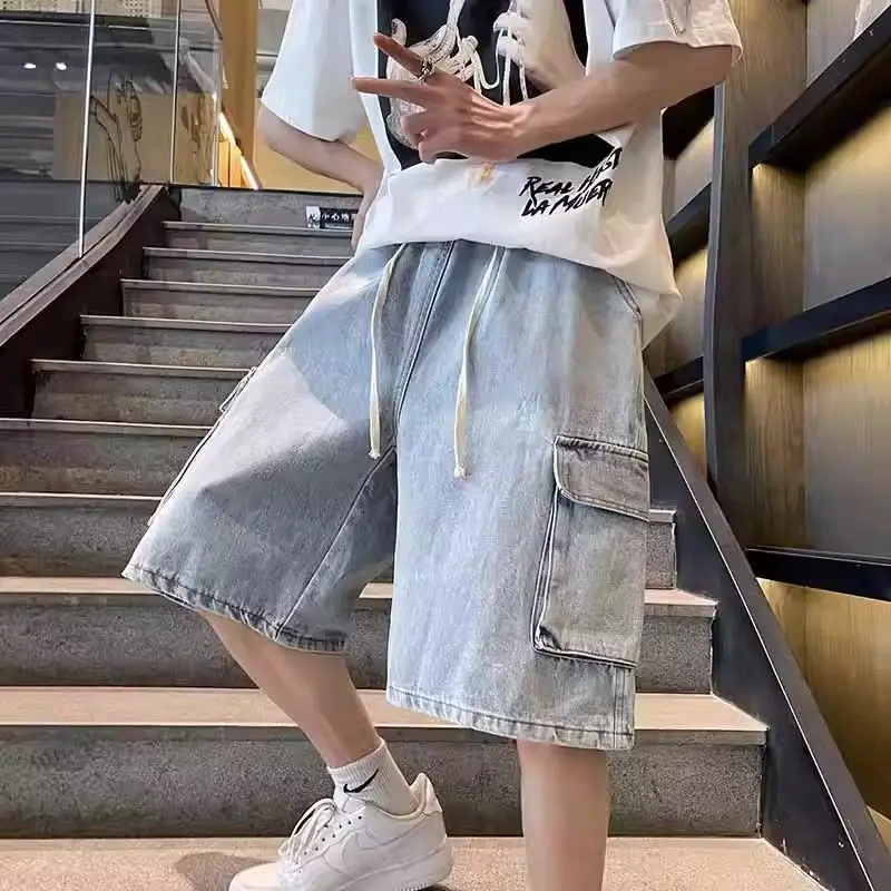 Cargo Retro Trousers 2024 Summer New Men's Elastic Low Waist Casual Patchwork Pockets Drawstring Trendy Loose Jeans Shorts