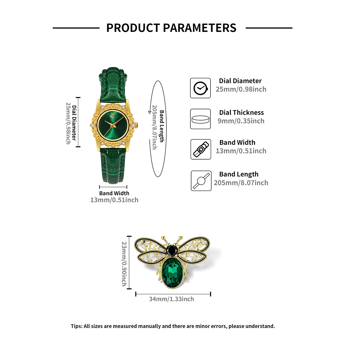 2pcs Green luxury women\'s quartz watch plus green Bee brooch set gift box