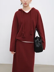 ZIQIAO Petite Size Red Hooded Knitted Sweater Half Skirt Set for Women 2024 Autumn Winter Sweater 24ZQ94237+24ZQ94238