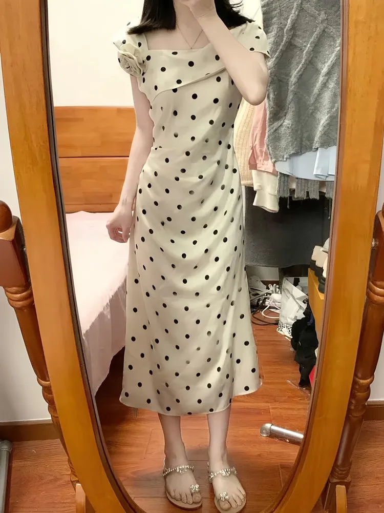 

Romantic Gentle Wave Dot Dress Women's Summer New First Love Moonlight Waist-Cut Elegant Long Dress Commute Vintage Style