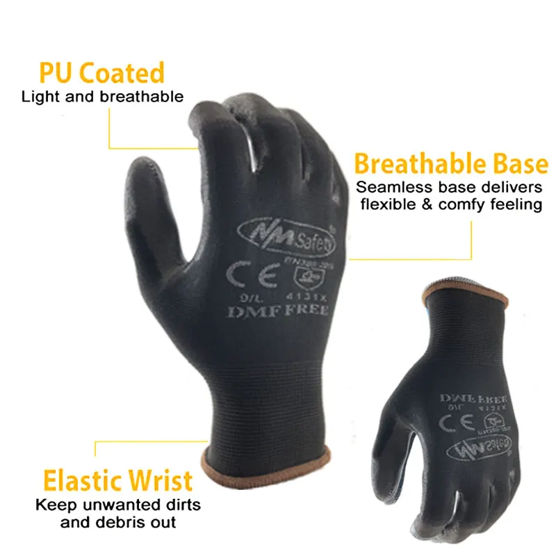 24Pieces/12 Pairs Industrial Protective Work Safety Gloves Black Pu Nylon Cotton Glove with Garden NMSafety Brand All Sizes