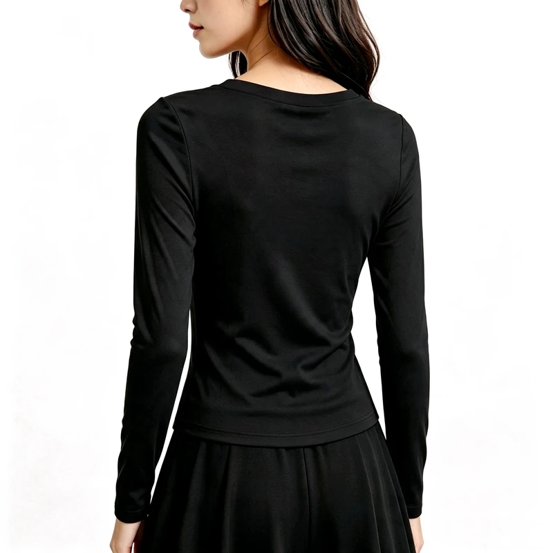 Damen Langarm V-Ausschnitt Slim Fit T-Shirt, Einfarbig, Weich, Dehnbar, Gestricktes Unterhemd, Casual Alltags-Unterwäsche für Frauen Q43 – Detail 6