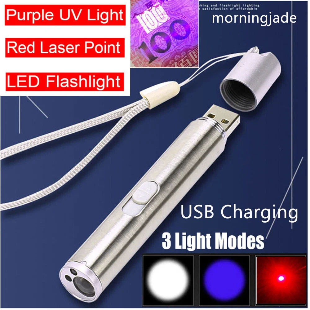 Red Laser Pointer Pen USB Rechargeable Lazer UV Light Flashlight Cat Dog Pet Toy
