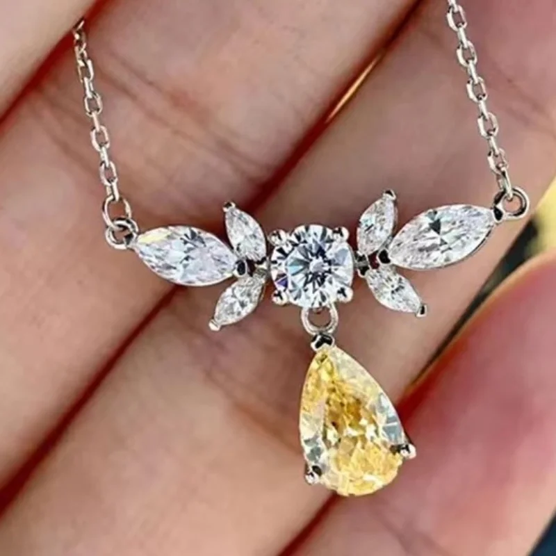 CAOSHI Elegant Magnificent Necklace for Ladies Stylish Engagement Party Jewelry Dazzling Yellow Teardrop Zirconia Accessories