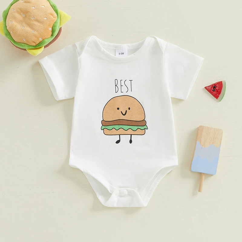 Toddler Baby Cute Summer Romper Cartoon French Fries/Burger Print Short Sleeve Crew Neck Jumpsuit for Boys and Girls Clothes