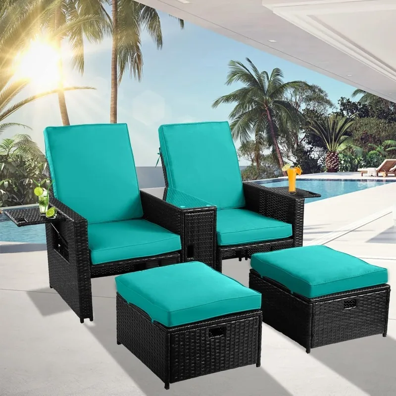 

Patio Wicker Furniture Set，Outdoor PE Rattan Loveseat Sofa with Adjustable Backrest, Coffee Table, Ottoman - Patio Lounge Chair