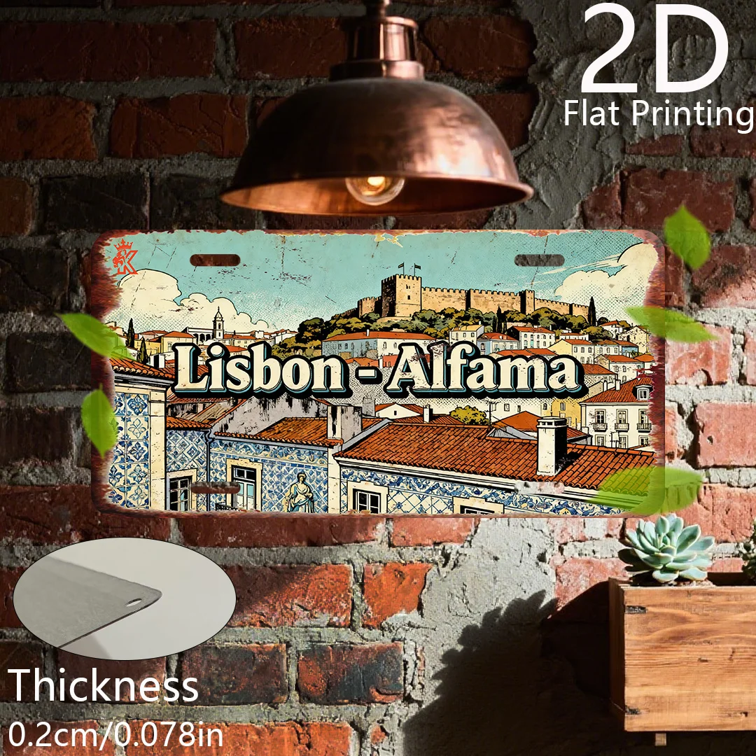 2D Flat - 1pc 2D Flat Printing Decorative Aluminum Plaque | Lisbon Alfama, Portuguese Historic Home Decor, Old District Wall Sig