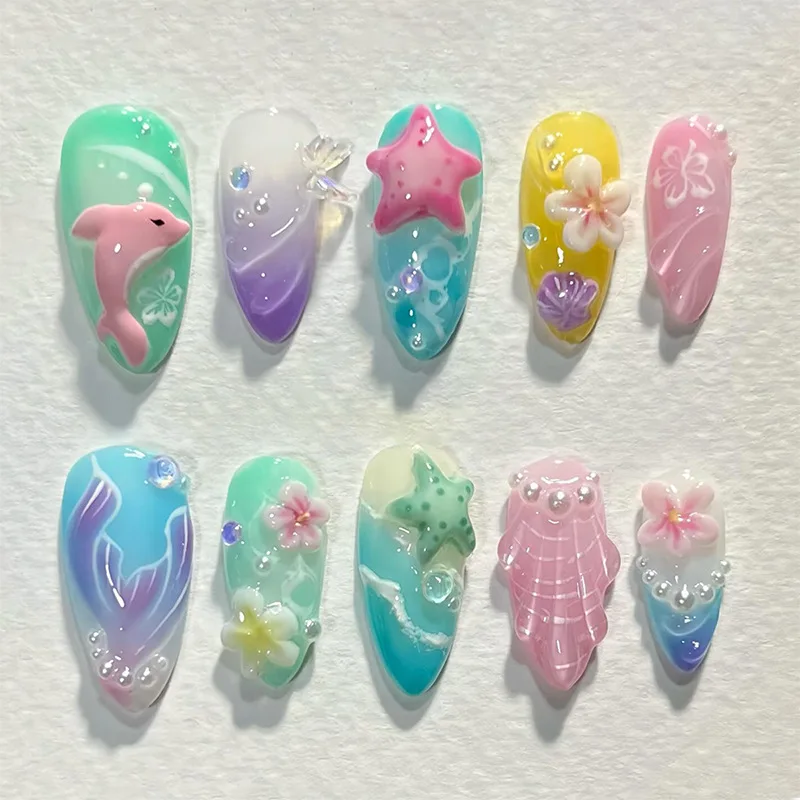 24PCS Ocean Blue Gradient French False Nails with Glue 3D Seastar Shell Flowers Almond Press on Nails Fresh Summer Nail Tips Art