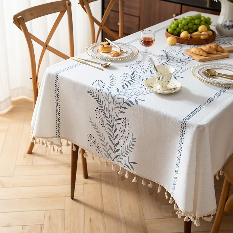 

Rustic Cotton Linen Tablecloth,Heavy Weight Fern Embroidery Table Cloths for Rectangle Tables,Farmhouse Table Cover with Tassels