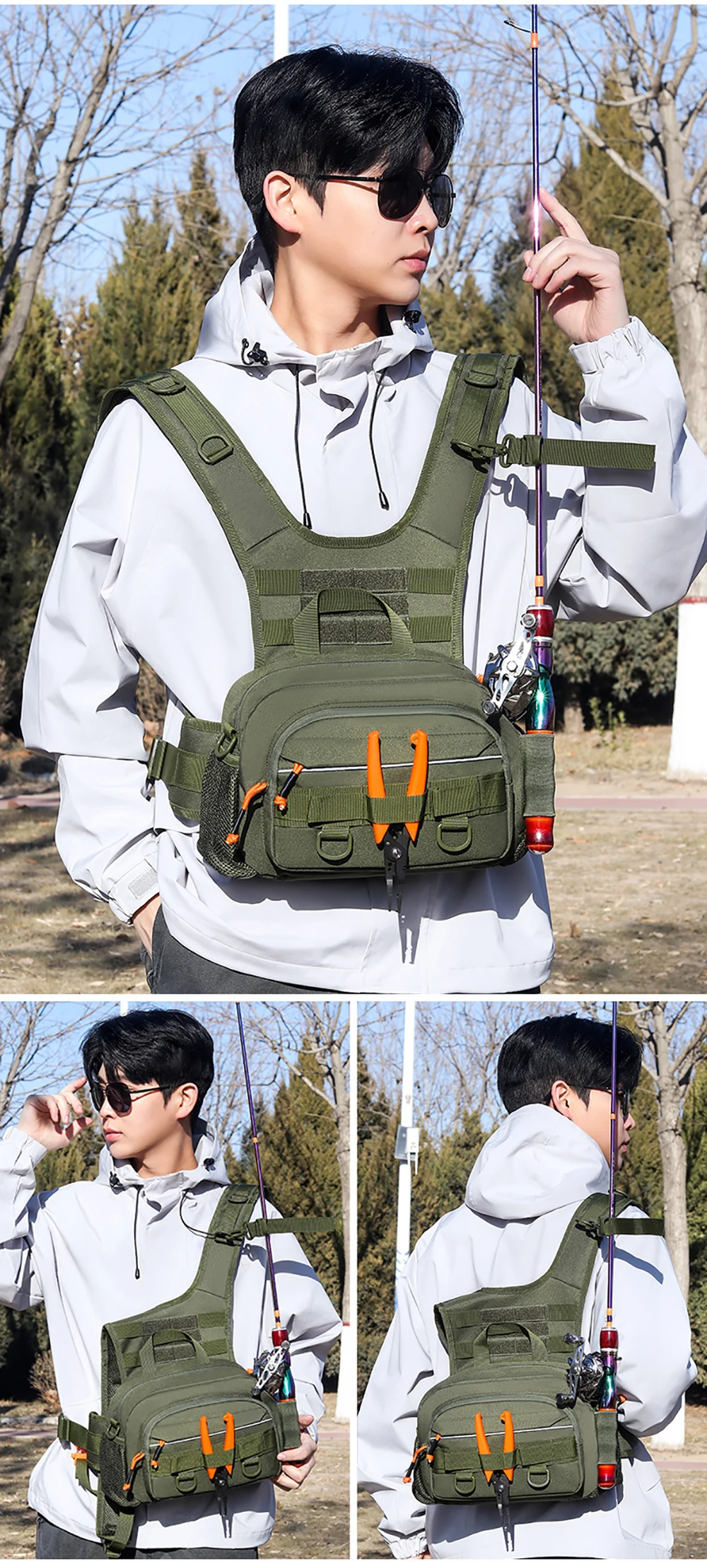Multifunktionale Angeltasche für den Außenbereich, taktische Brusttasche mit Rutenhalter, große Kapazität, Angelzubehör-Aufbewahrungsrucksack – Detail 8