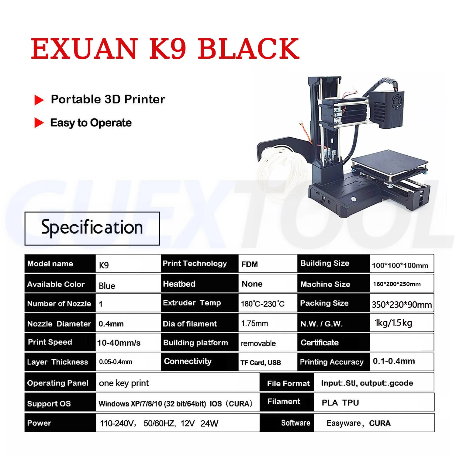 Mini Beginners Entry Level 3D Printing Machine Low Noise 3D Printer K9 BLACK PLA TPU 1.75mm Filament DIY Craft Enthusiasts Toys