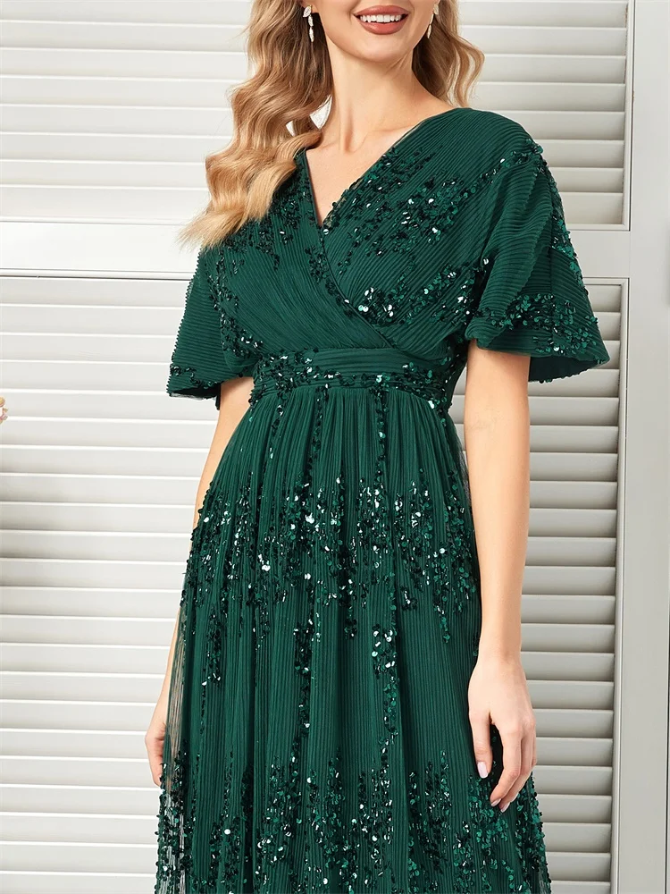 BLUEPLUM-vestido de noche verde brillante con cuello en V para mujer, vestido largo elegante de manga corta para fiesta, graduación, cóctel y graduación