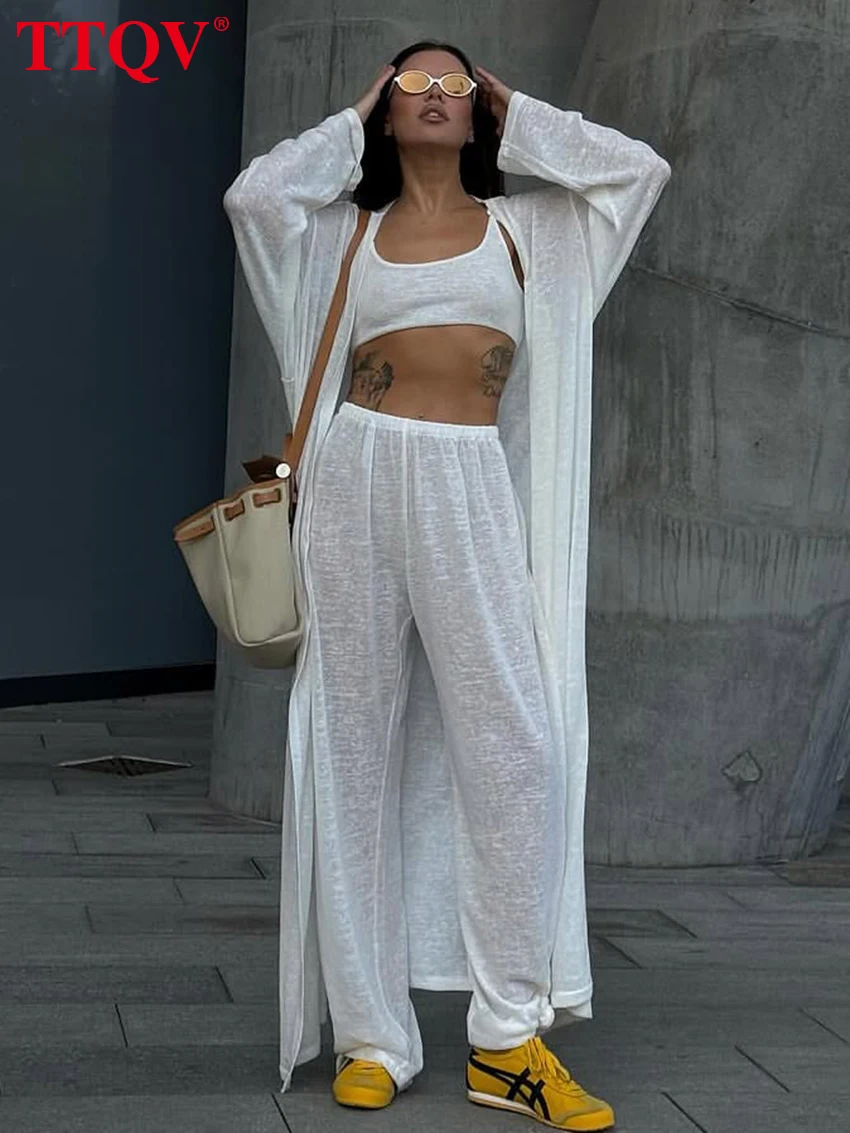 

TTQV Fashion Loose White 3 Pieces Set Woman 2025 Elegant Long Sleeve Robes + Crop Top With High Waist Wide Pants Set Female