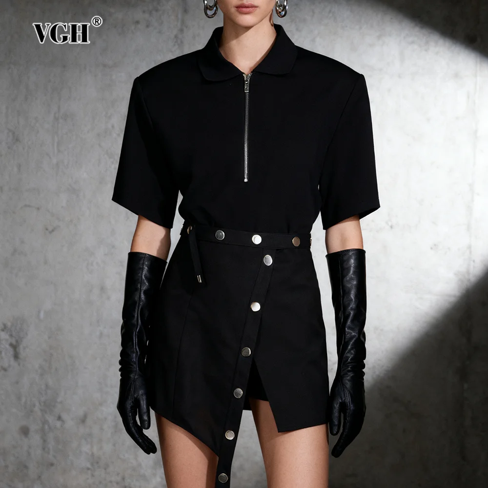 

VGH Designer Solid Commute Two Piece Sets For Women Round Neck Short Sleeve Top High Waist Mini Skirt Chic Set Female Fashion