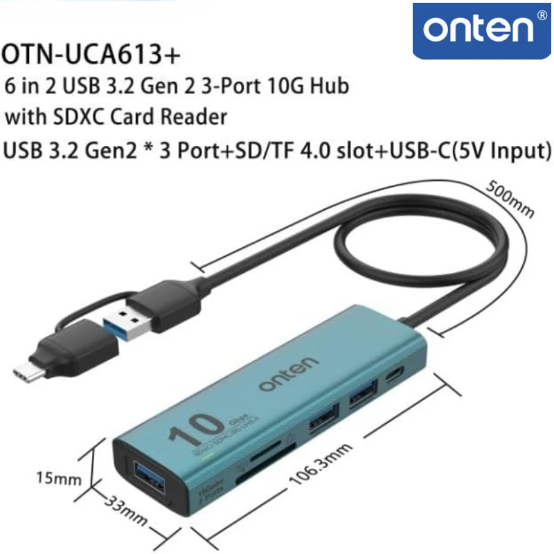 ONTEN Type C HUB USB A HUB USB 3.2 GEN 2 10G Speed to 3 Ports USB A  Adapter and UHS-II SD/TF Ports Type C HUB for Mac Laptop