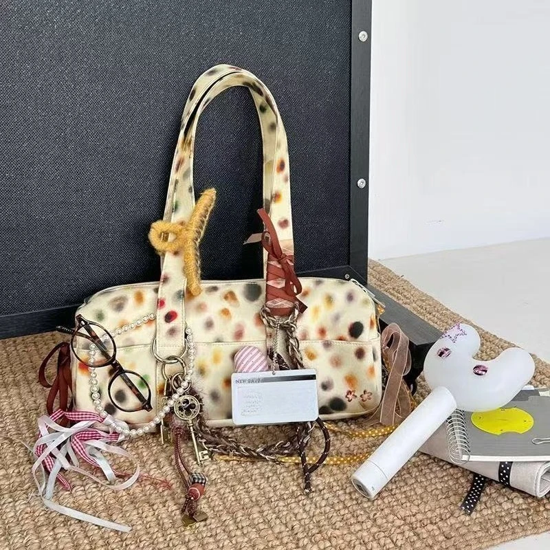 

New Niche Yellow Polka Dot Shoulder Bag Korean Y2k Cylindrical Bag Large Capacity Handbag Women's Bag Purses