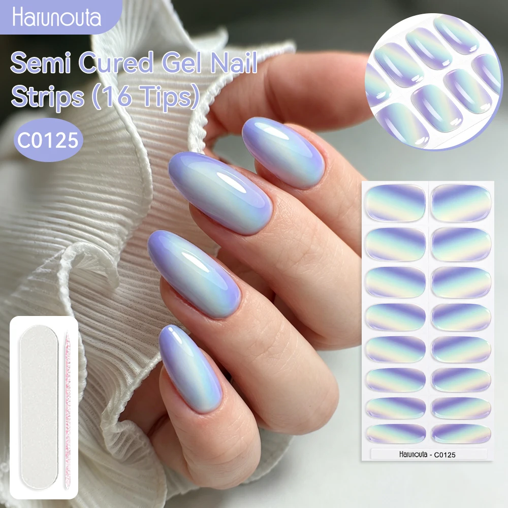 Harunouta Blue Gradient Semi Cured Gel Nail Sticker Nail Wraps Glossy Finish Gel Nail Stickers Manicure Nail Decoration Wraps