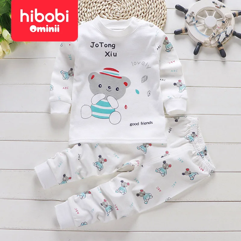 hibobi 2-Piece 100% Cotton Children's Autumn And Winter Round Neck Warm Home Clothes Set Cute Bear Pajamas And Pajama Pants Set