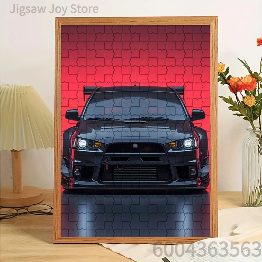 

Paper Jigsaw Puzzle Black Mitsubishi Lancer Evo X with Widebody Kit on Red Gradient Background Artwork Brain Teaser