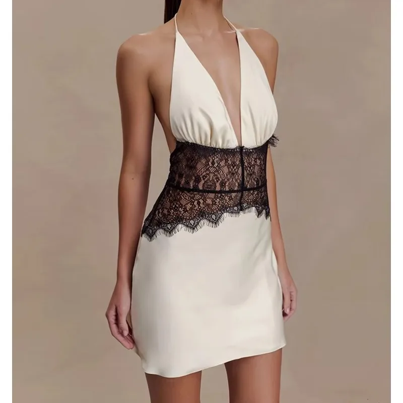 Women Lace Patchwork Above Knee Dress Halter V Neck Sleeveless Backless High Waist Club Party
