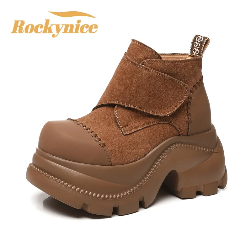 Genuine Leather Women Ankle Boots 9CM Chunky Heels Booties 2025 Autumn Winter Casual Shoes Outdoor Non Slip Platform Short Boots