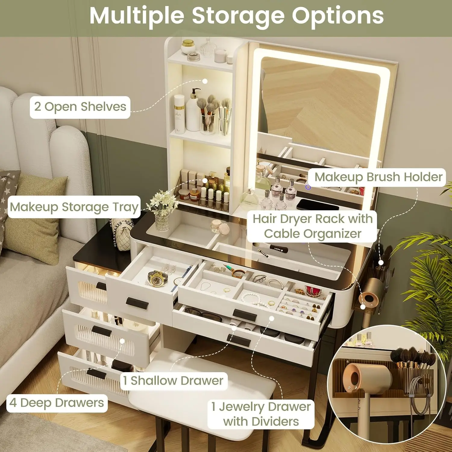 Modern Vanity Desk with Mirror & Lights, Makeup Vanity and Stool Set with 3-Color LED Lights & Charging Station, Dressing Table image 4