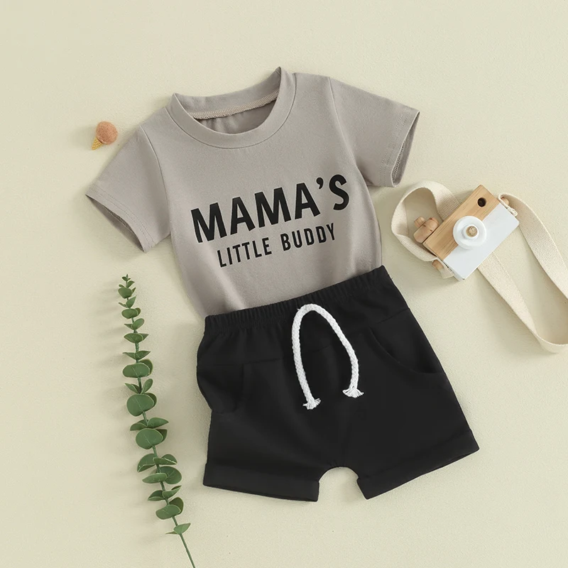 

Toddler Baby Boy Summer Short Sleeve Round Neck T-Shirt Letter Print Elastic Pullover Tee Sweatshirt Top Outfit Clothes Set