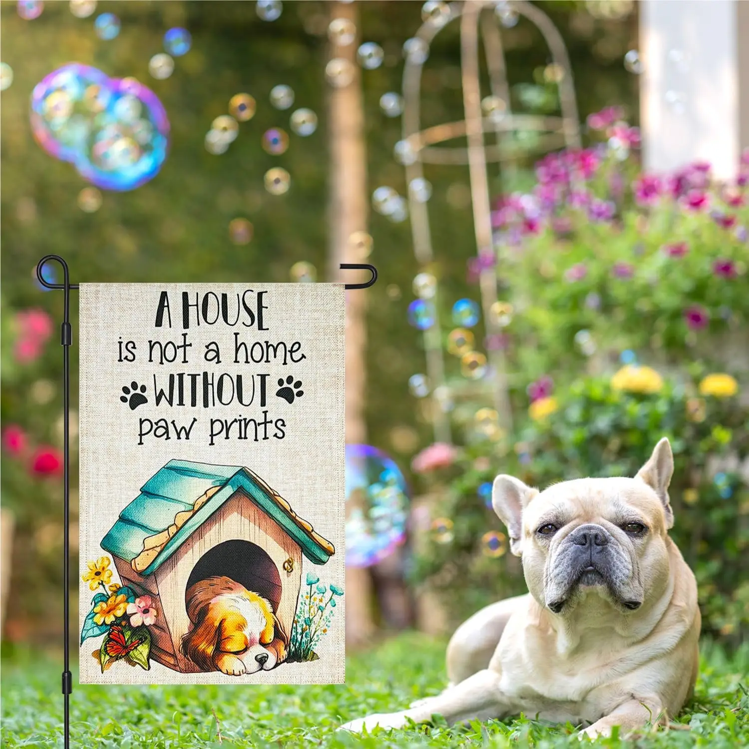 Spring Summer Puppy Dog Garden Flag Double Sided 12×18 Inch,A House Is Not A Home Without Paw Prints Small Vertical Burlap F SSL