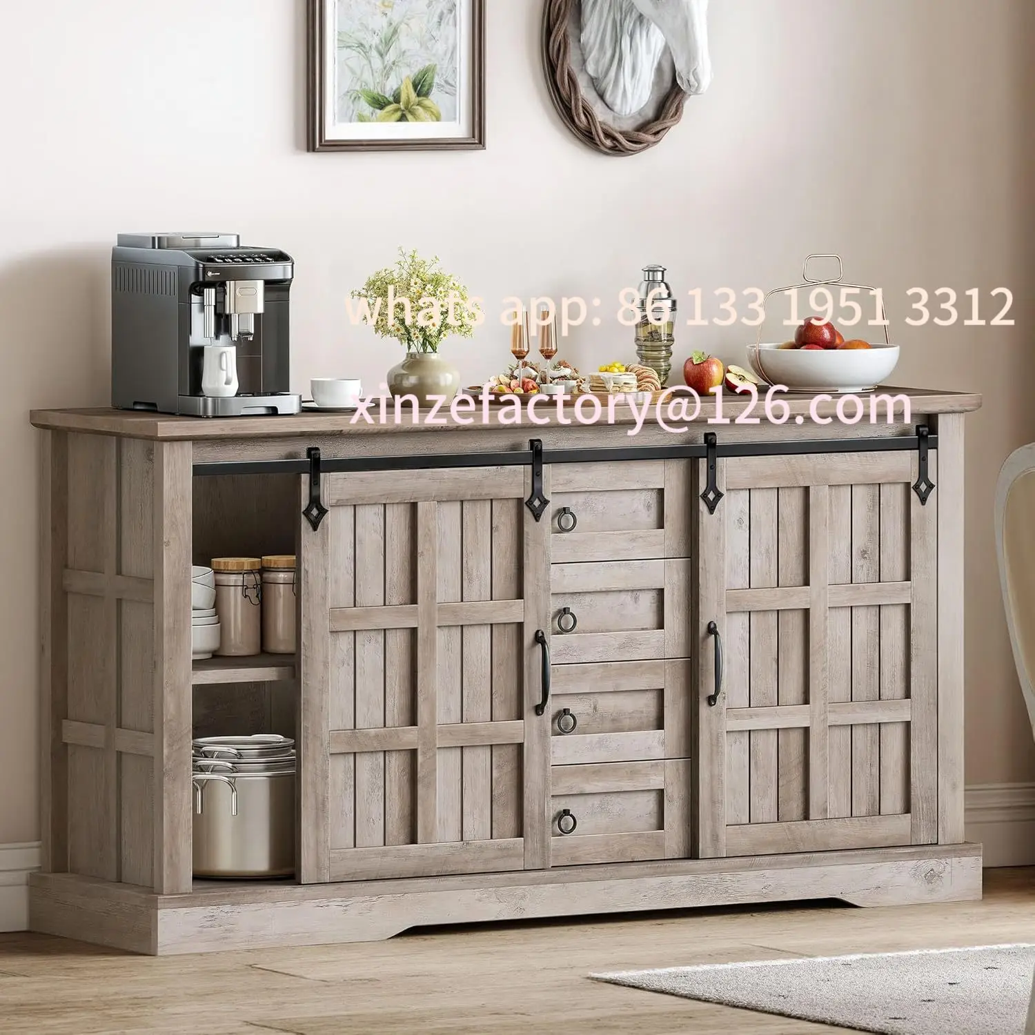 

Customizable Large sideboard living room with sliding barn door and 4 drawers