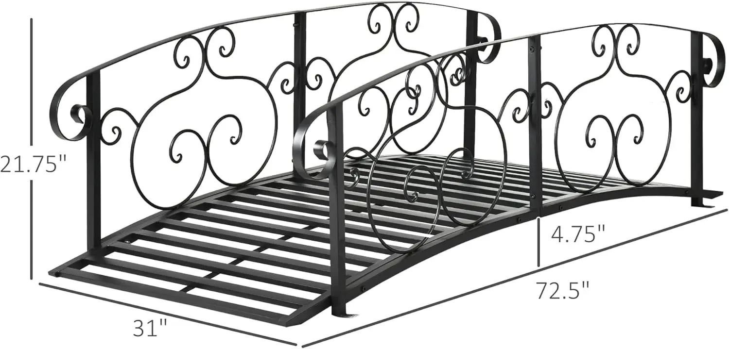 6' Metal Arch Backyard Garden Bridge, Safety Siderails, Arc Footbridge for Backyard Creek, Stream, Pond, Black