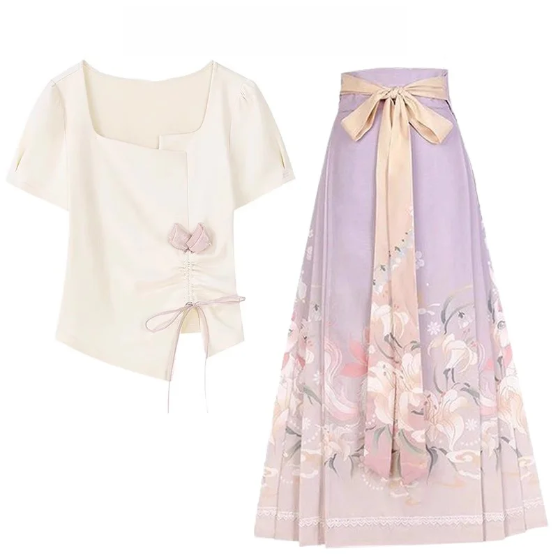 

Fashionable Short Sleeve Top Women's 2024 New Summer Style Age-Defying Match Chinese National Style Ma Face Skirt Polyester F...
