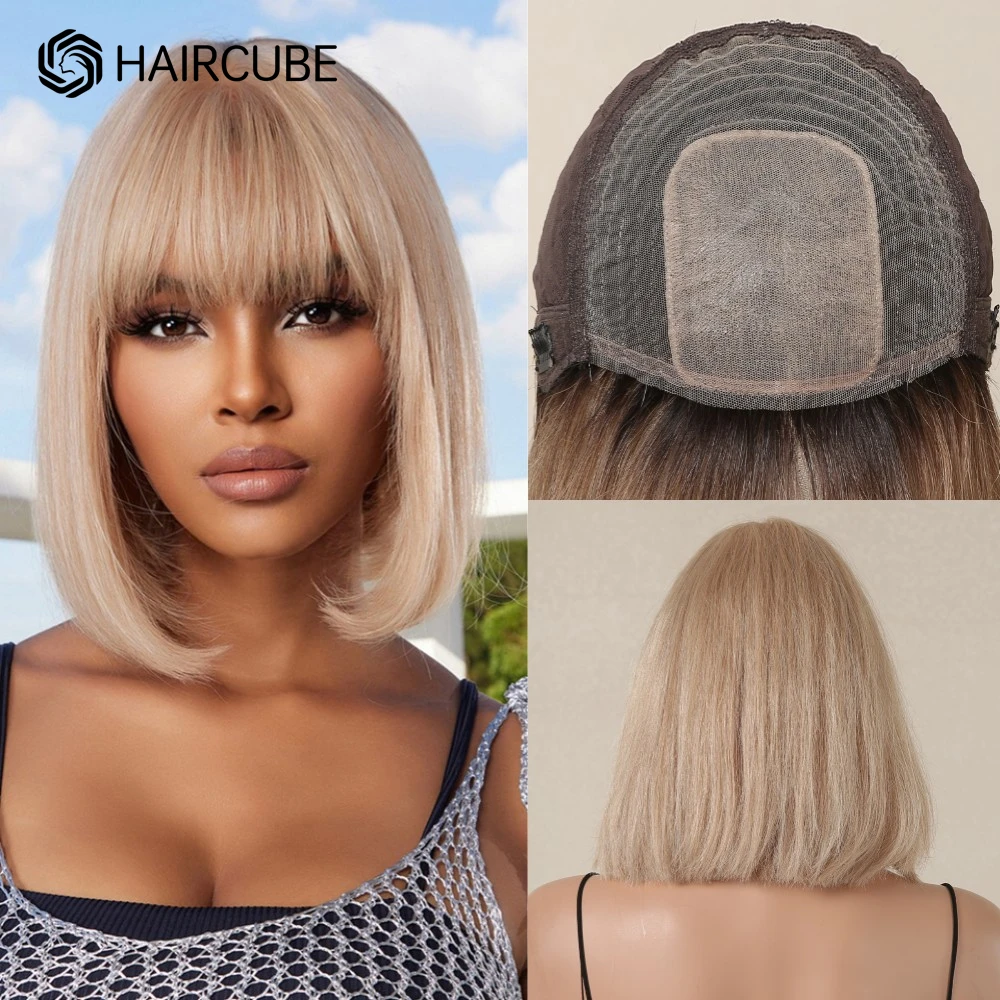 Short Bob Human Hair Wigs Light Brown Blonde 100% Remy Human Hair Natural Straight Bangs Wigs for Black Afro Women Daily Cosplay