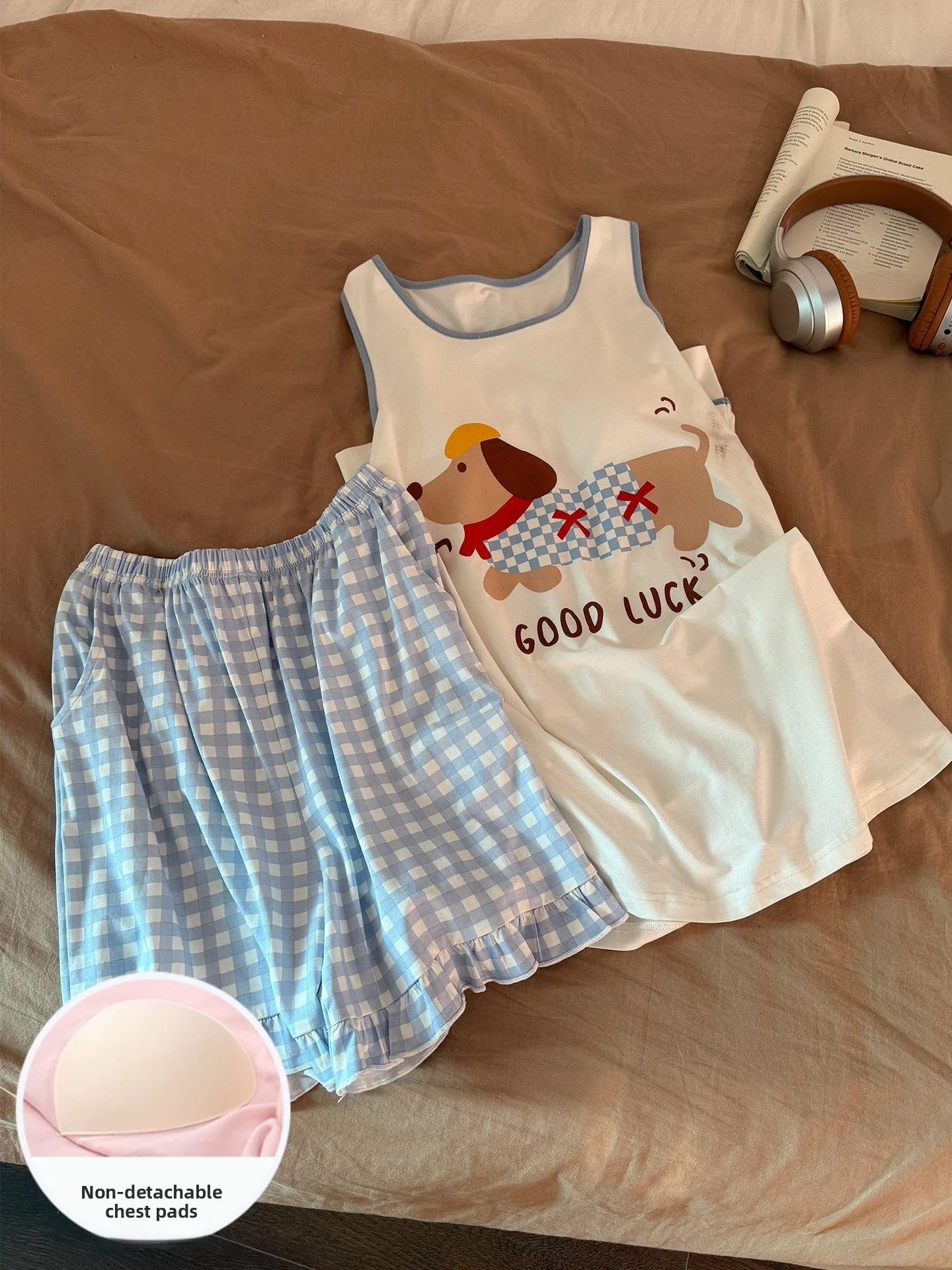 

Летний женский хлопковый комплект пижамы с коротким рукавом и круглым вырезом, домашняя одежда с нагрудными вкладышами, можно носить на улице, синий клетчатый узор с собачьим принтом