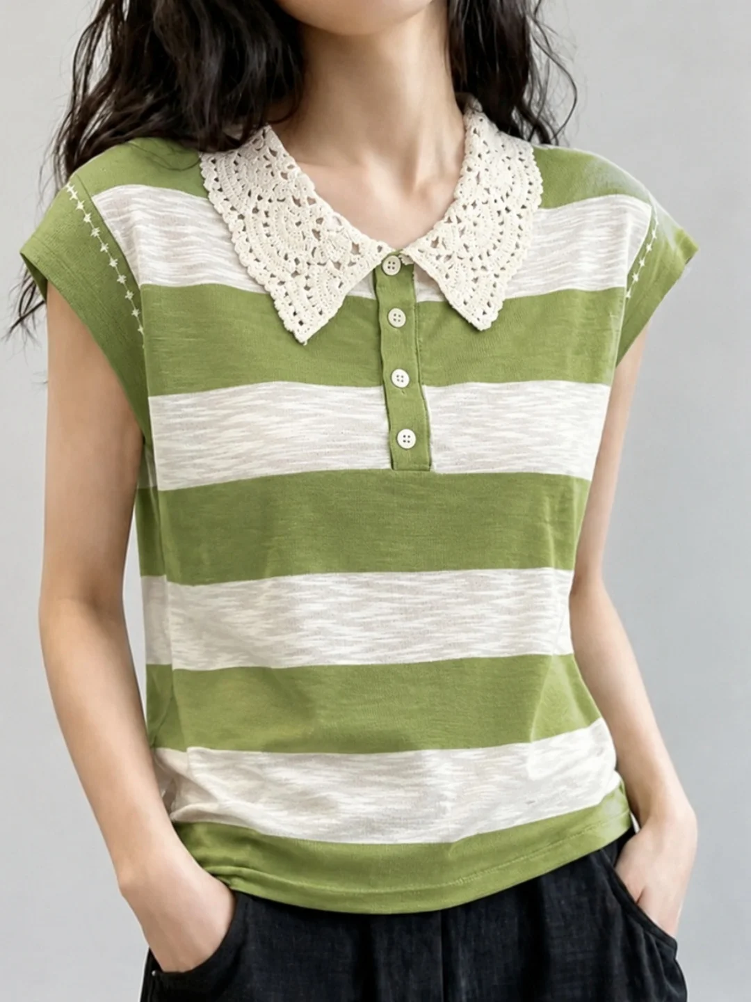 Elegant Contrast Color Striped Ice Silk Knitted Shirt Collar Design Summer Fashionable Top for Women Casual Loose Fit Short S...