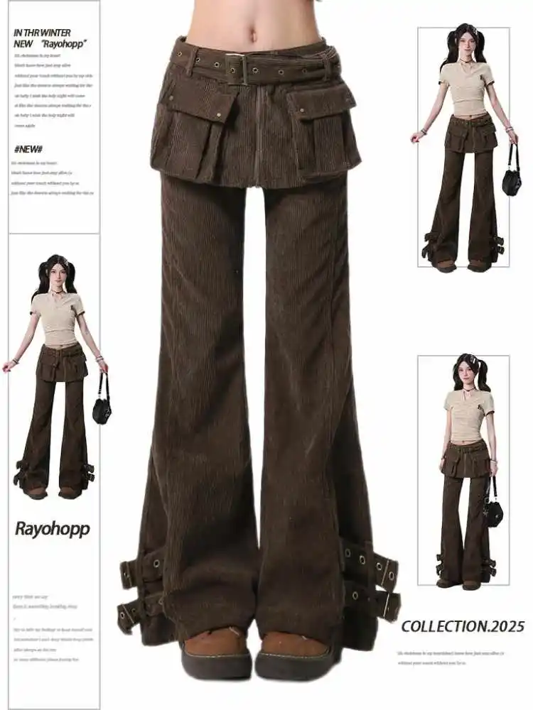 

Winter Women's Corduroy Pants American Retro Abi Y2k Japanese Maillard Fake Two Pieces Designer Skinny Goblin Core Harajuku New