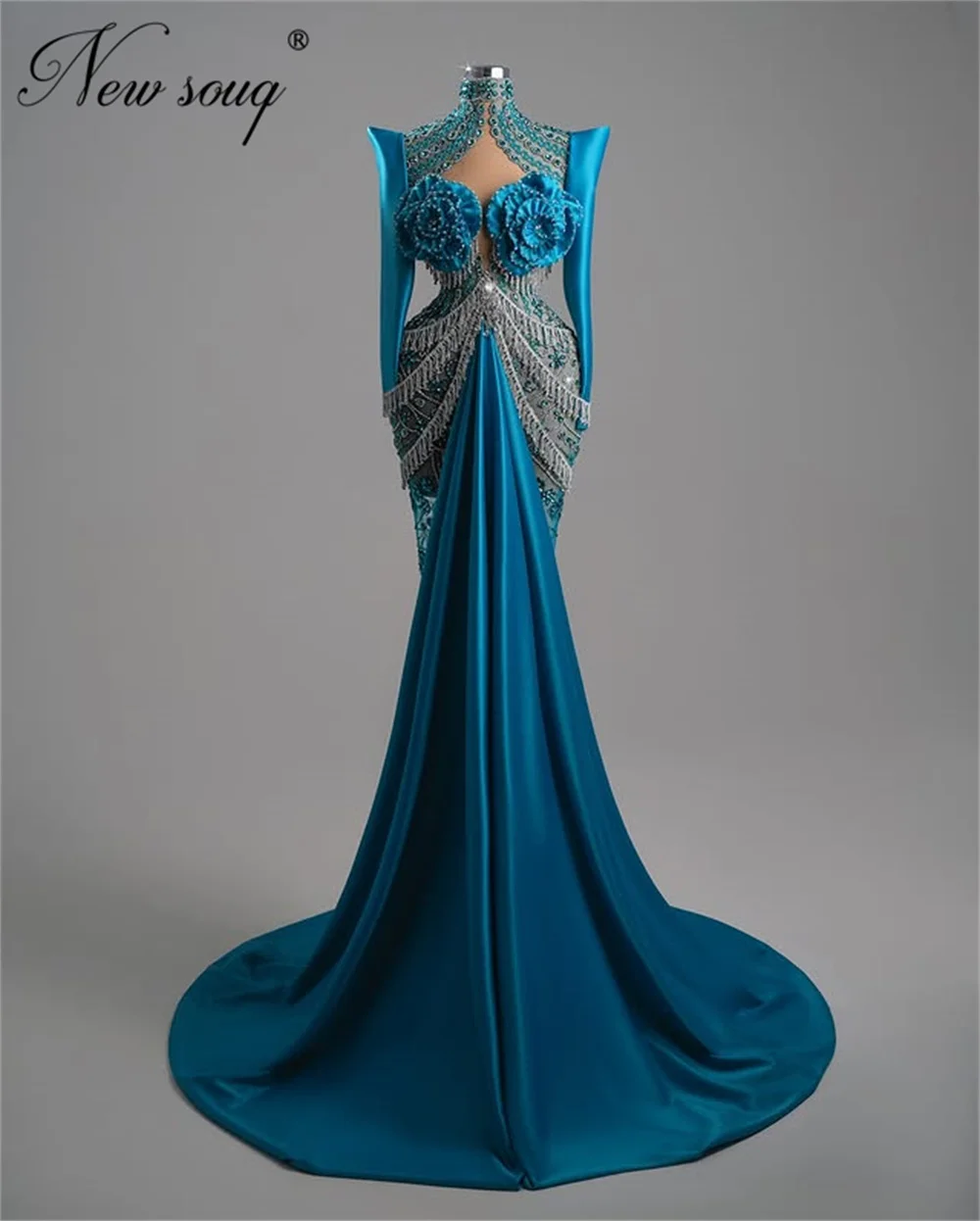 فساتين سهرة كريستالية زرقاء مطرزة أنيقة في دبي فستان حورية البحر بأكمام طويلة لحفلات أعياد الميلاد حسب الطلب #2