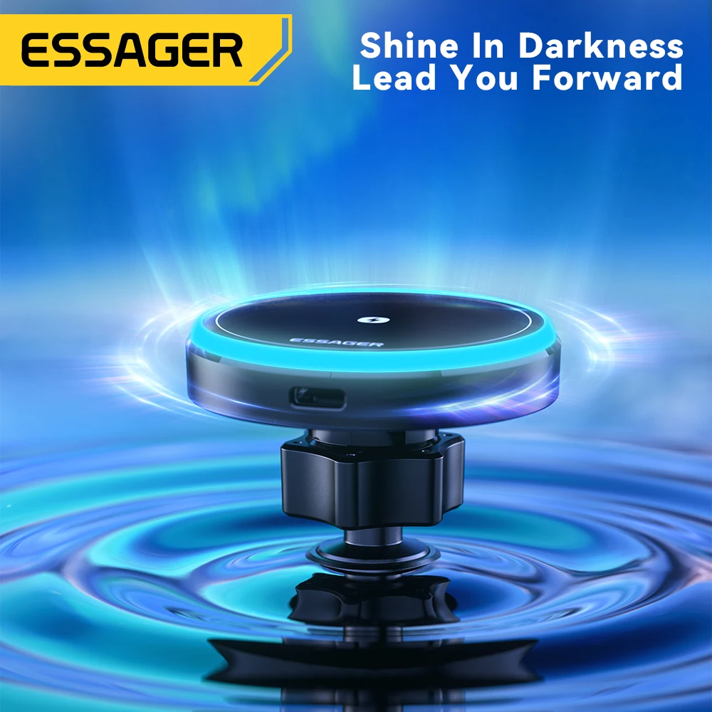 Essager Magnetic Wireless Charger Car Phone Holder 15W RGB Seven Color Light Fast Charging Mount Stand For IPhone15 14 13Android