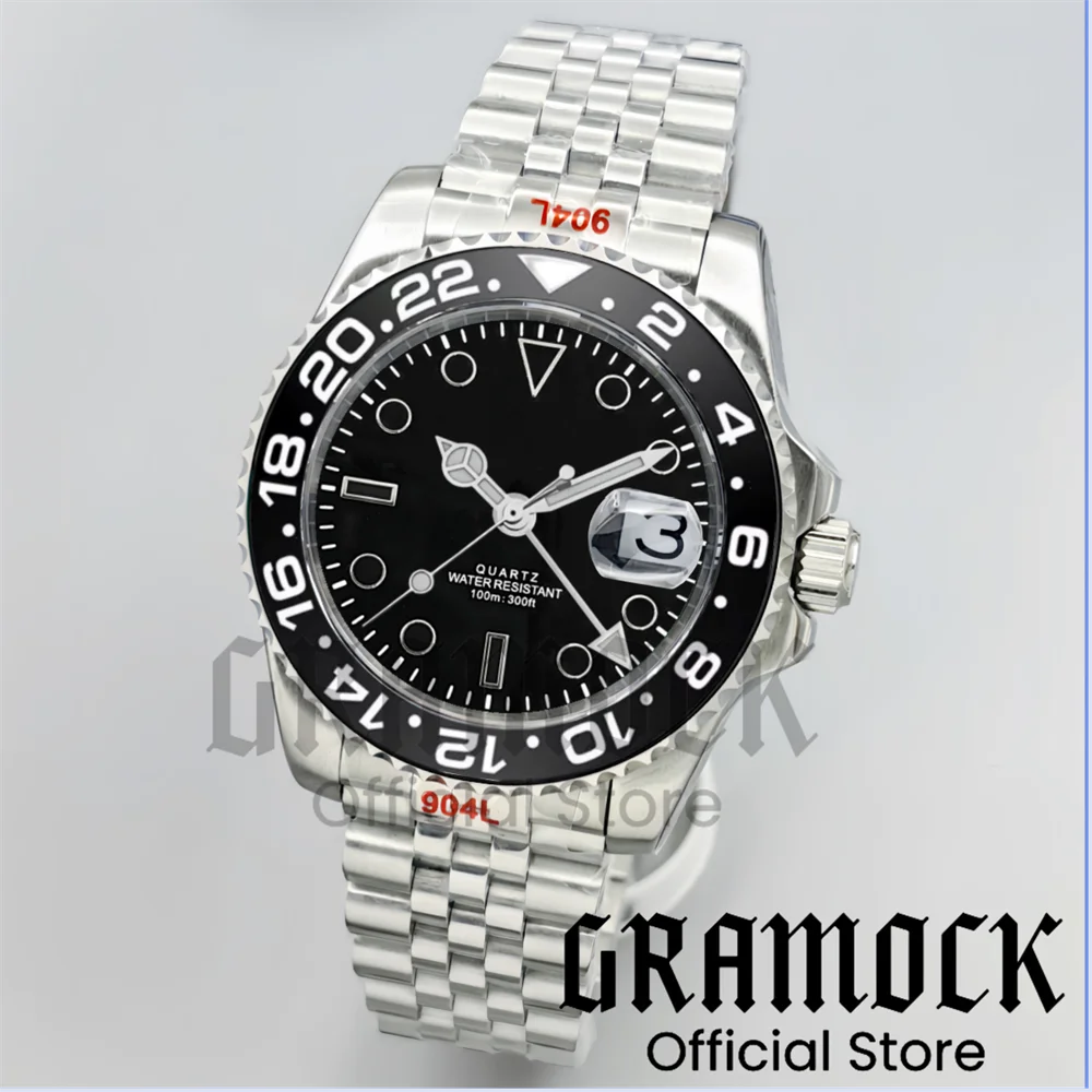 Gramock 40MM GMT Watch For Men Sky Blue Ceramic Bezel Steel Oyster Strap Men's Watches Sapphire Glass Waterproof Reloj Hombre view 6