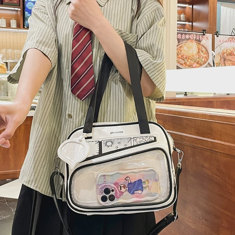 School Girl Transparent Bag Clear Crossbody Bag PU Leather Itabag Anime Pin Display Colorblock Handbag Book Bag