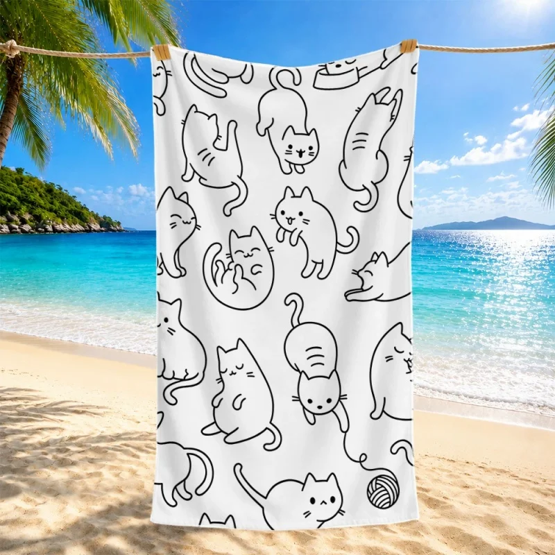 Newest Beach Towel Minimalist Line Drawing Cat Pattern Beach Towel Lightweight Quick Dry Bath Towel for Beach Travel