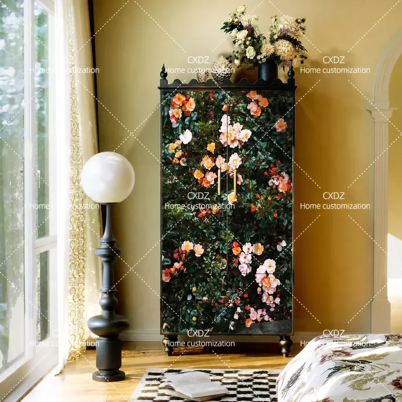 French retro style solid wood wardrobe floral living room drawer six bucket storage decorative cabinet bedroom dresser