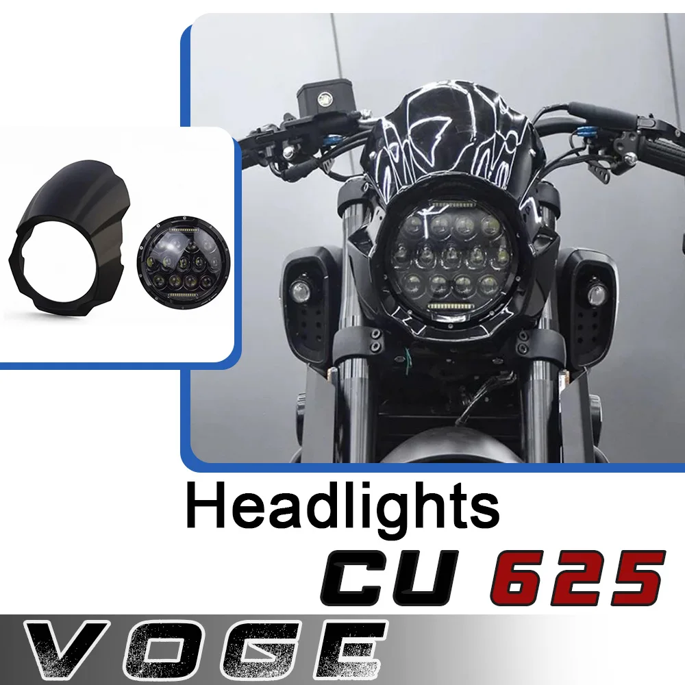 

Для мотоцикла VOGE CU625, модифицированная крышка головы свиньи специальной формы, 7-дюймовая мультиламповая фара в сборе, переднее лобовое стекло