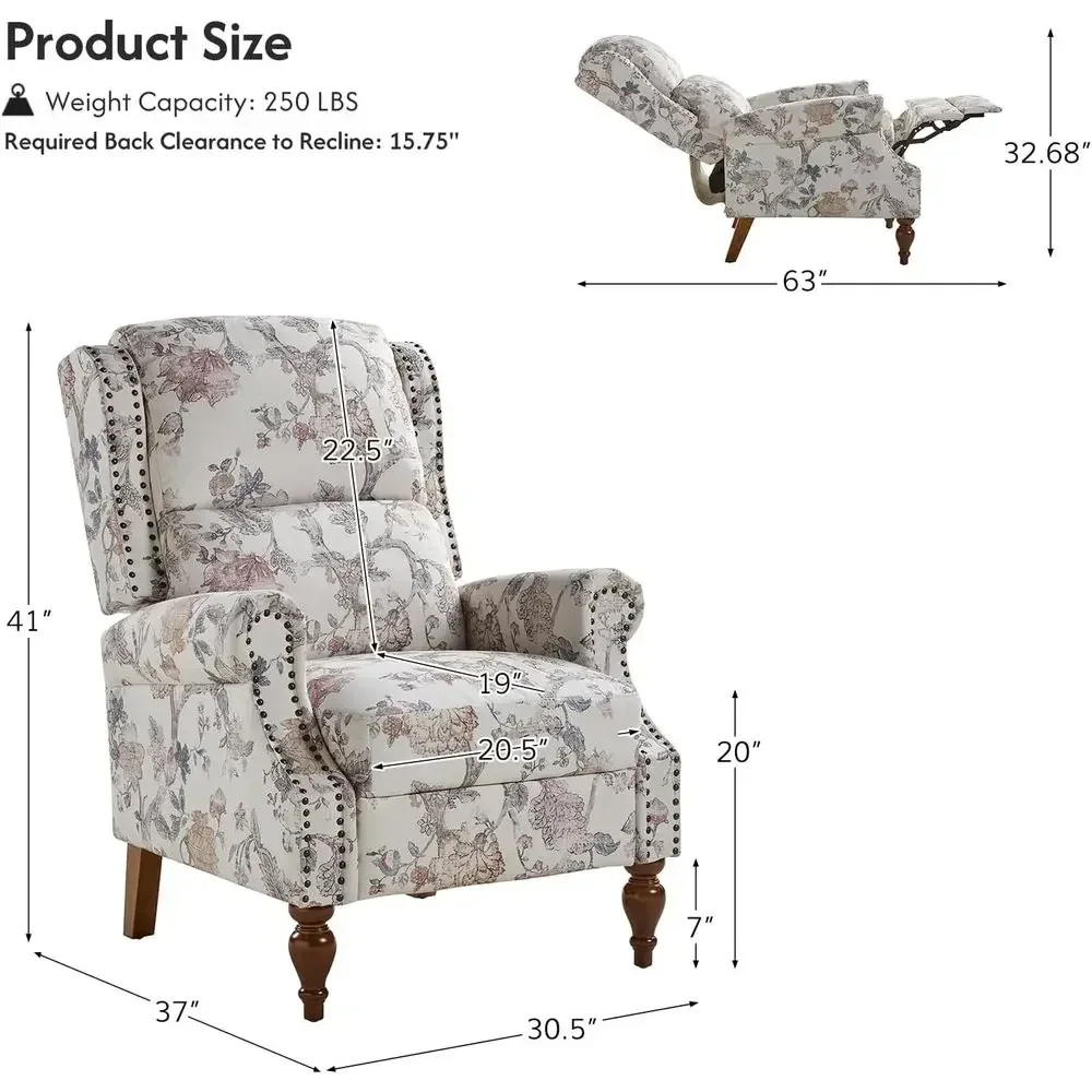 Upholstered Wingback Recliner Chair with Wood Legs and Rivet Details for Living Room or Bedroom, Navy Blue
