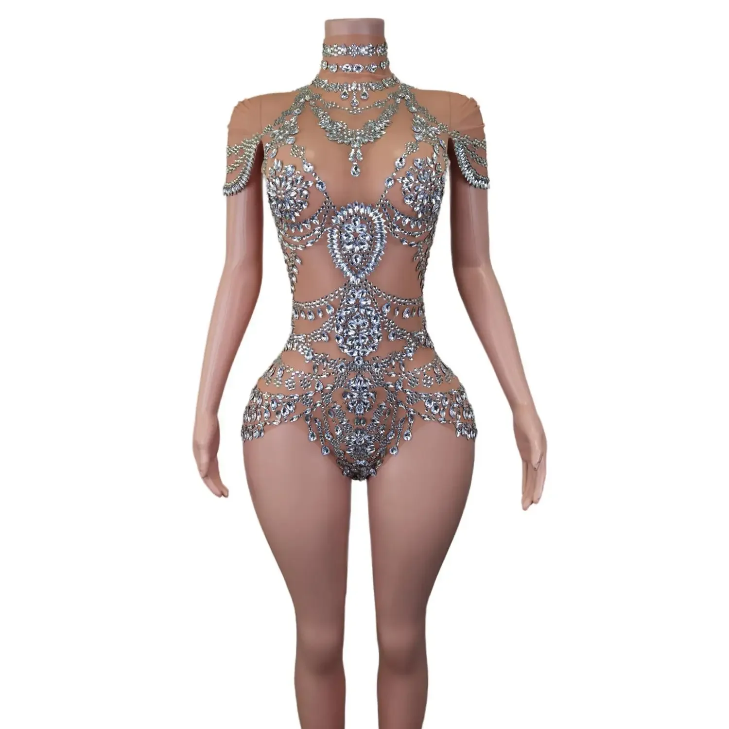 Luxury Lady One Piece Stretch Sheer Mesh Playsuit Sexy Stage Sparkly Rhinestone High Strecth Bodysuits  Dance Drag Queen Costume