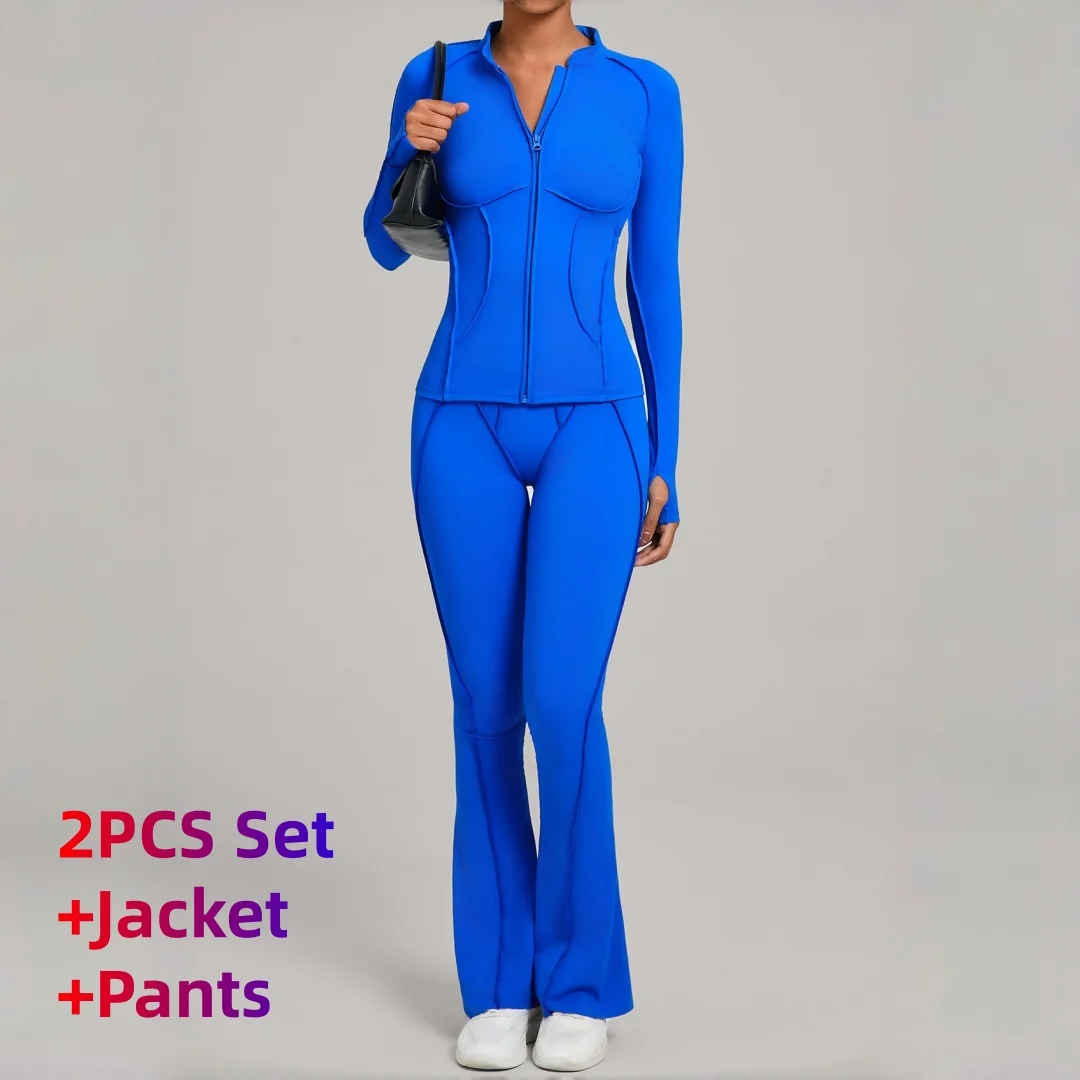 

2PCS Women's Zipper Jacket Yoga Set High Waist Hip Lift Long Sleeve Straight Leg Pants Yoga Fitness Suit Workout Gym Sports Set