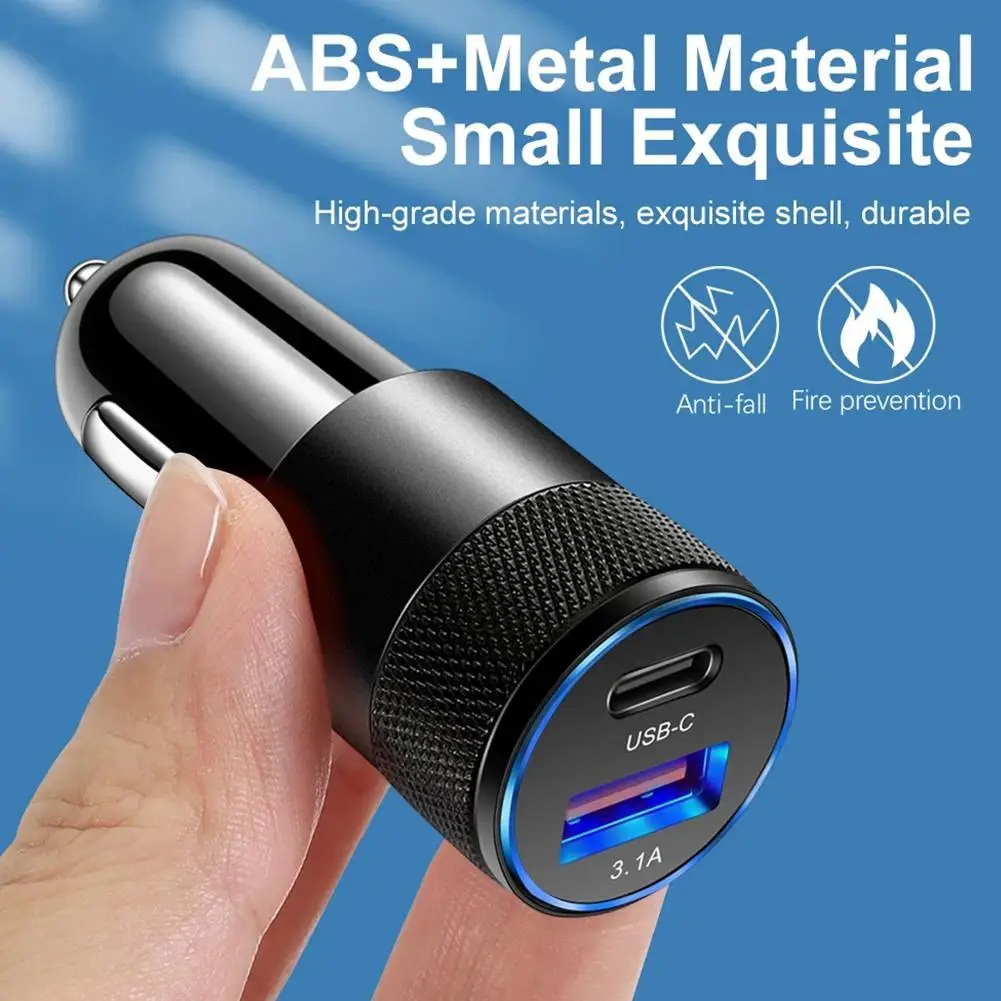 15W USB+PD Car Charger 3.1A Aluminum Alloy Type C Fast Charging USB Type Phone Charger Adapter Car Accessories