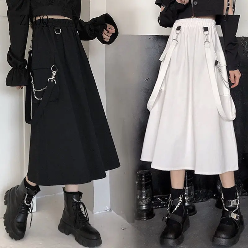 2025 solide Gothic Langen Rock Frauen Punk Hohe Taille Kette Tasche Strap Schwarz Fracht Röcke Mädchen Goth Harajuku Streetwear