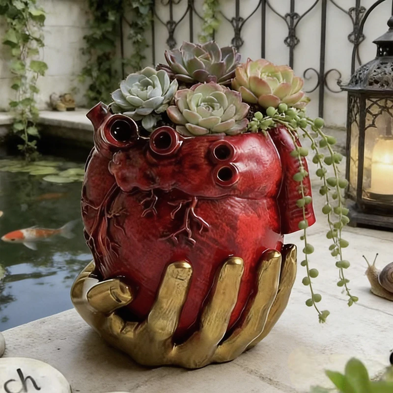 Anatomical Heart Shaped Planter with Golden Hand Stand Red Resin Flower Pot for Succulents Indoor Home Art Decor Gift Idea
