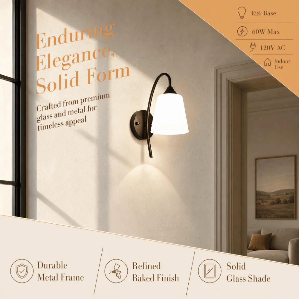 Matte Black Finish Wall Light Fixture 110-220V E26 Socket Wall Sconce Light Bulbs Not Included Milky White Glass Wall Sconce