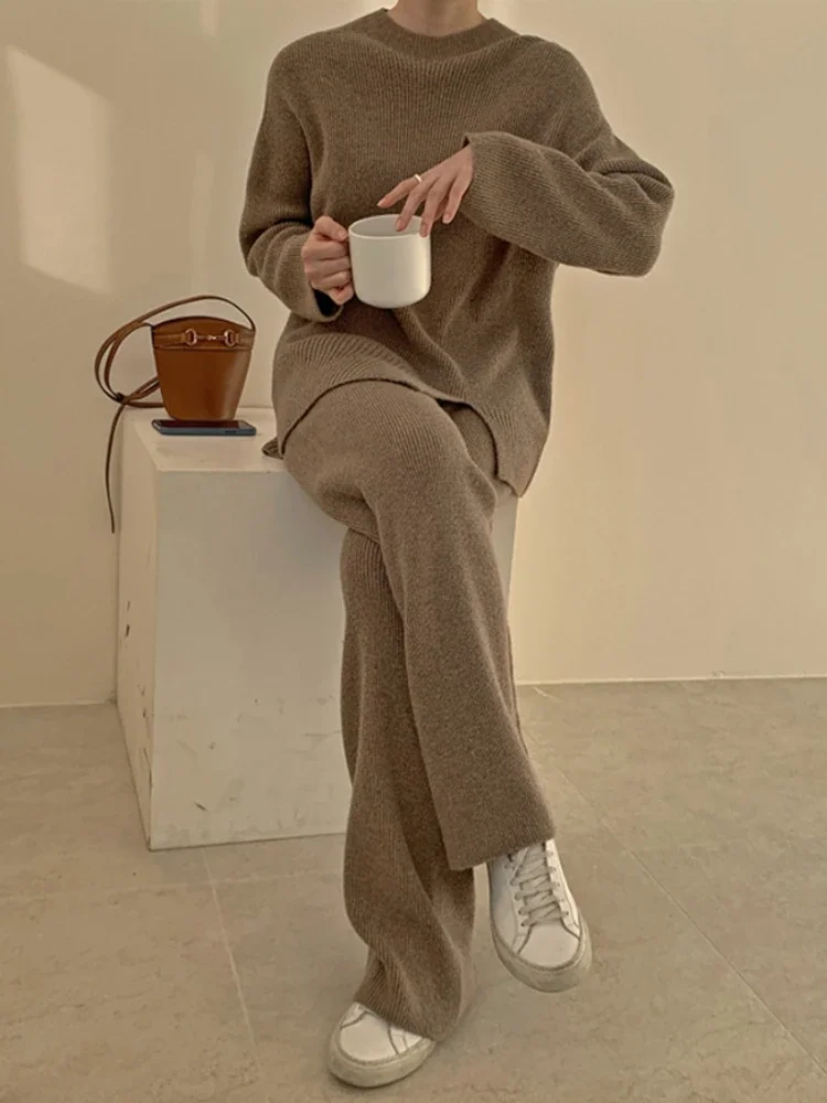 Knitted Sweaters Two-piece Hem Slit O-Neck Pullover Elegant Women's Sets Fashion Straight Wide Leg Pants Suits for Women 2023